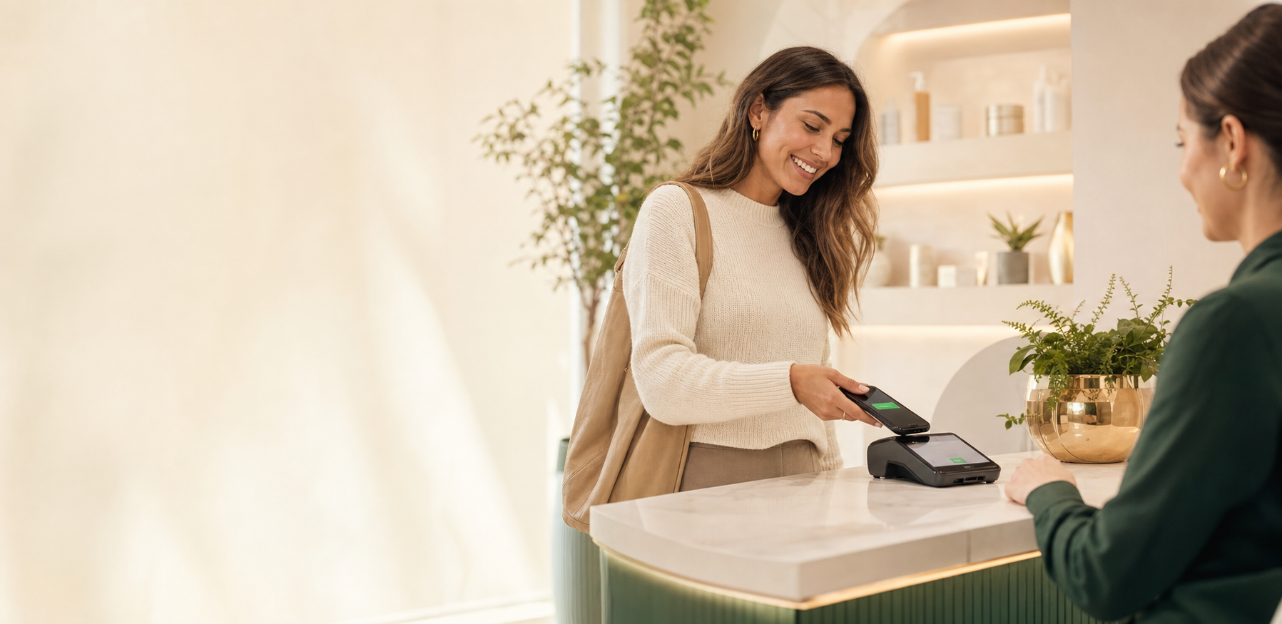 Woman paying at checkout with a phone at a wellness clinic