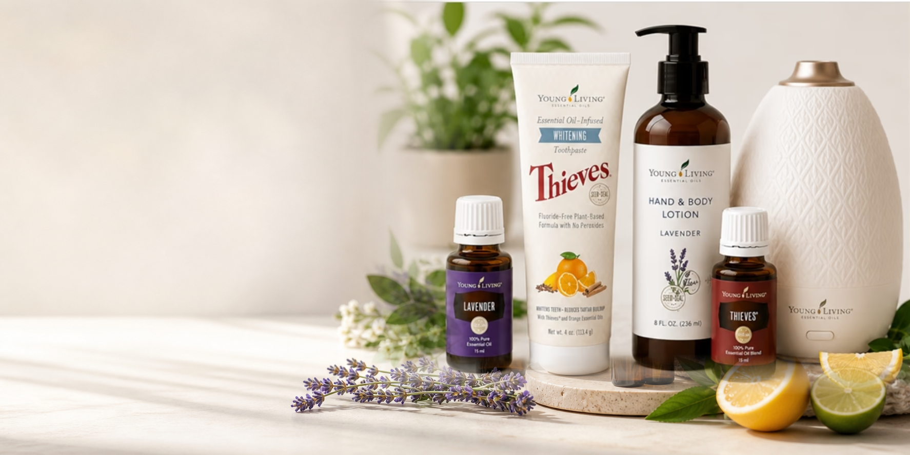 Wellness products including essential oils, supplements, personal care, home care, and a diffuser